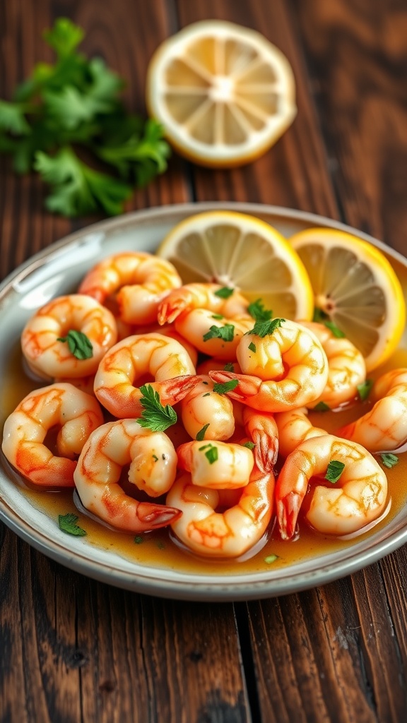 A plate of garlic butter shrimp garnished with parsley, served with lemon wedges on a rustic table.